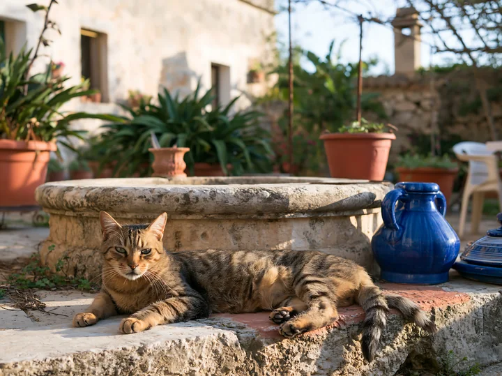 A tabby cat rests on the stone edge of a well in a farmhouse courtyard.