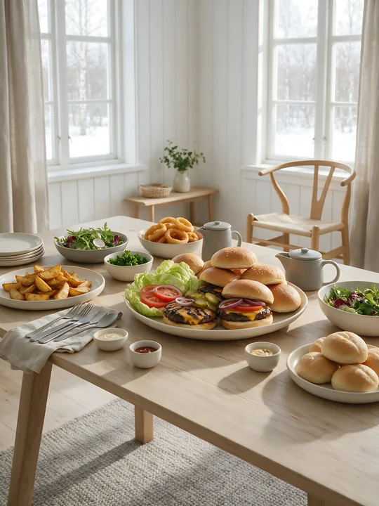 A table displays a burger buffet setup with burgers, fries, salads, and sauces in a bright room with windows.