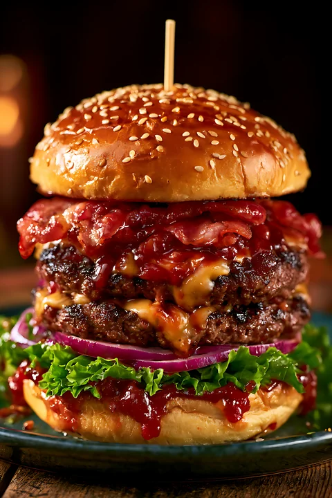 A tall burger stacked with two beef patties, melted cheese, crispy bacon, lettuce, and red onion, served on a sesame seed bun.