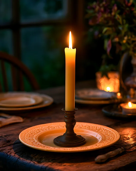 A tall candle stands in a holder on a plate, illuminating a rustic dining table.