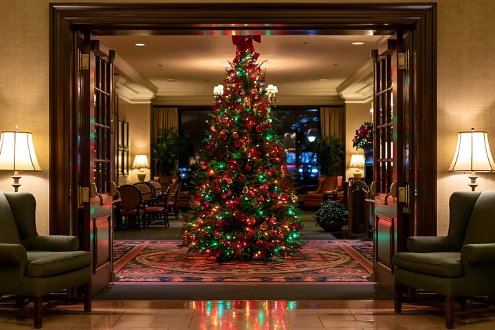 A tall Christmas tree in hotel lobby is decorated with red and green ornaments and lights.