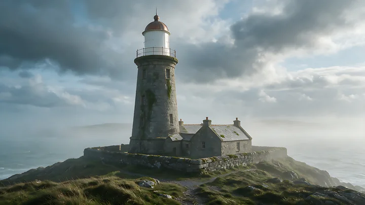 A tall lighthouse stands on a rocky shore, surrounded by dramatic clouds and mist that cover the area.