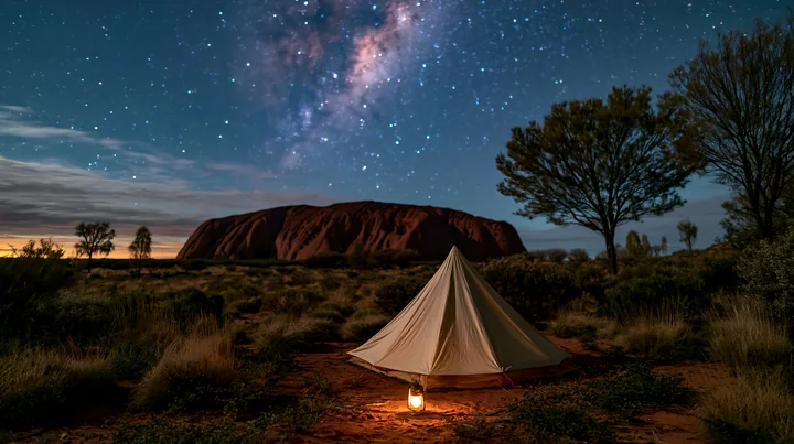 A tent is set up in front of Uluru, while the starry sky shines above.