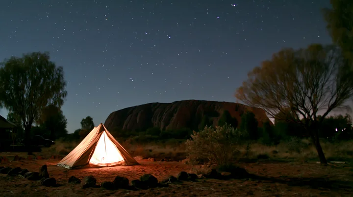 A tent sits in the foreground with Uluru rising majestically behind it.