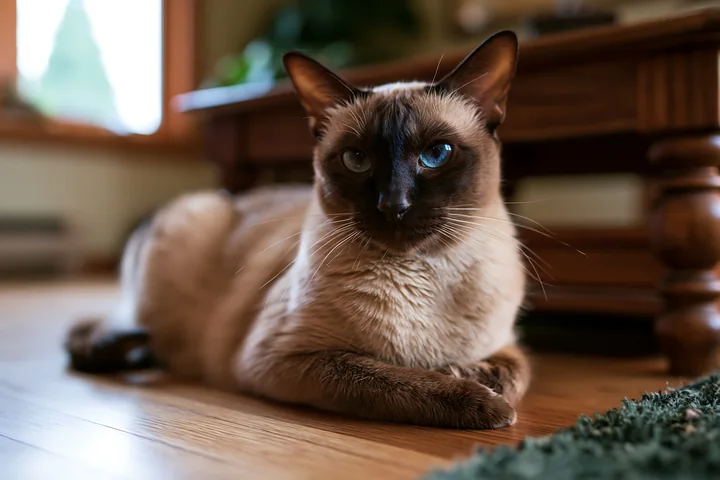 A Tonkinese cat lies on a wooden floor inside a home.