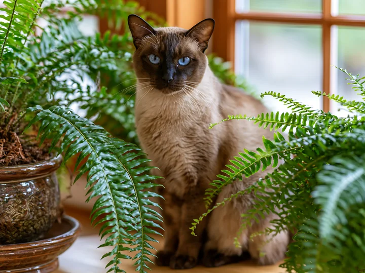 A Tonkinese cat sits among green ferns near a bright window.