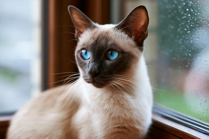 A Tonkinese cat sits by a window, gazing outside with bright blue eyes.