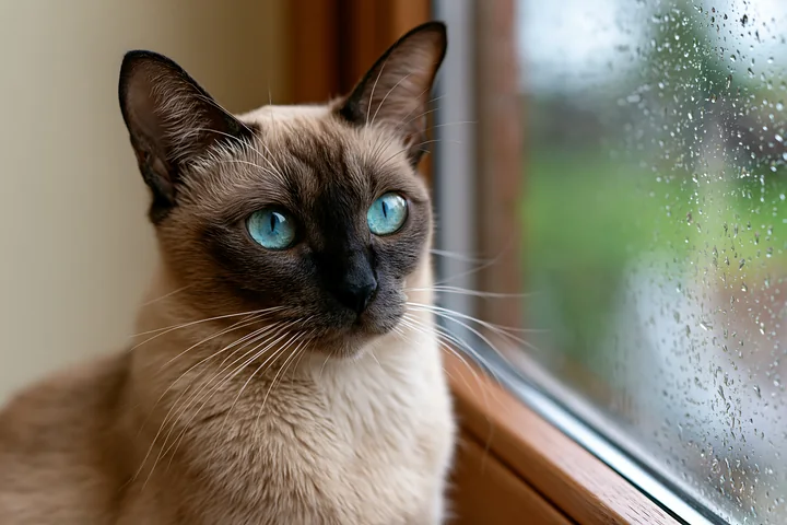 A Tonkinese cat sits by a window, looking outside as rain falls.