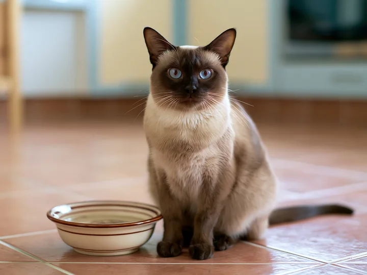 A Tonkinese cat sits calmly next to a water bowl on tiled flooring in a home kitchen.