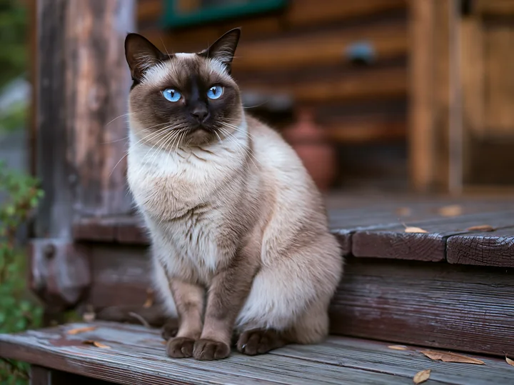 A Tonkinese cat sits calmly on wooden steps outside a rustic cabin, showcasing its striking blue eyes and unique coat pattern.