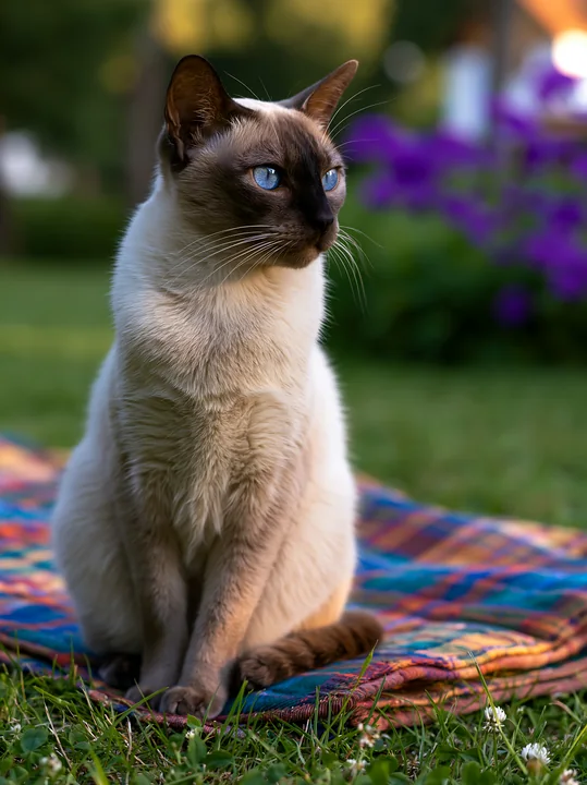 A Tonkinese cat sits on a colorful blanket in a green garden setting.
