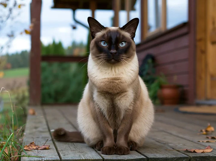A Tonkinese cat sits on a wooden deck in front of a house, displaying its striking blue eyes.