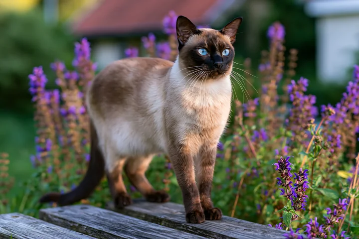 A Tonkinese cat stands on wooden beams surrounded by purple flowers in a garden.