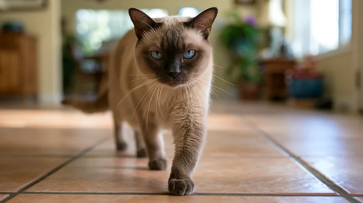 A Tonkinese cat walks confidently across a tiled floor in a bright home.