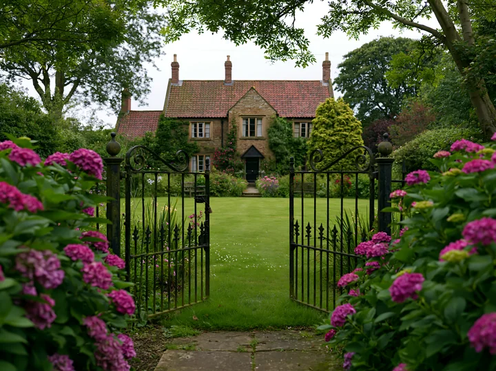 A traditional country house exterior features lush greenery and vibrant flowers.