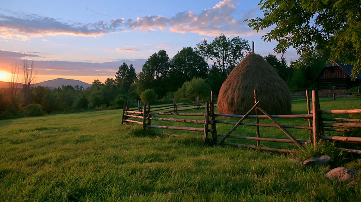 A traditional haystack stands near a wooden fence in a meadow with green grass.