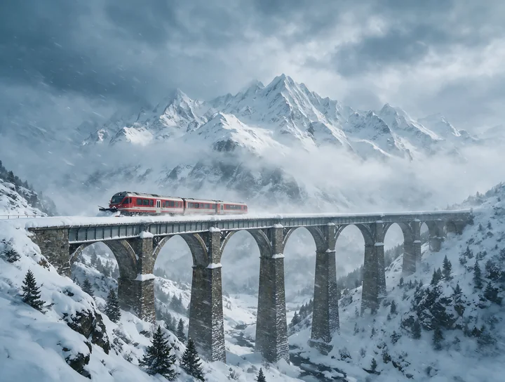 A train crosses a stone bridge as it moves through the snowy Alps.
