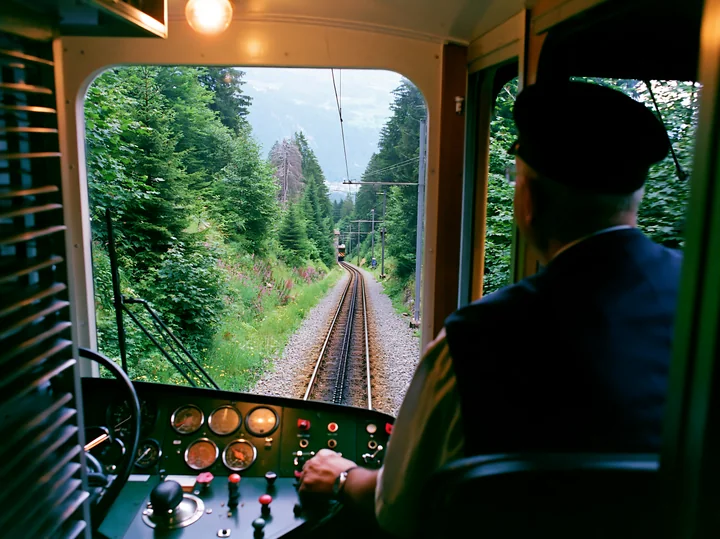 A train driver operates a Swiss cog railway on a scenic route surrounded by trees and mountains.