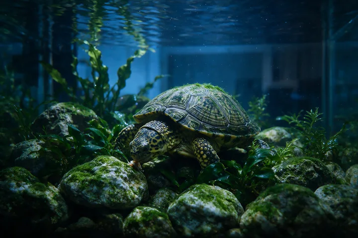 A turtle feeds underwater among plants and moss-covered rocks in an aquarium.