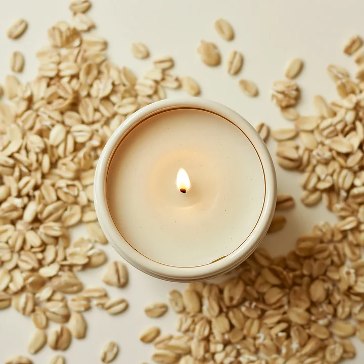 A vanilla candle sits in the center surrounded by oats on a neutral surface.