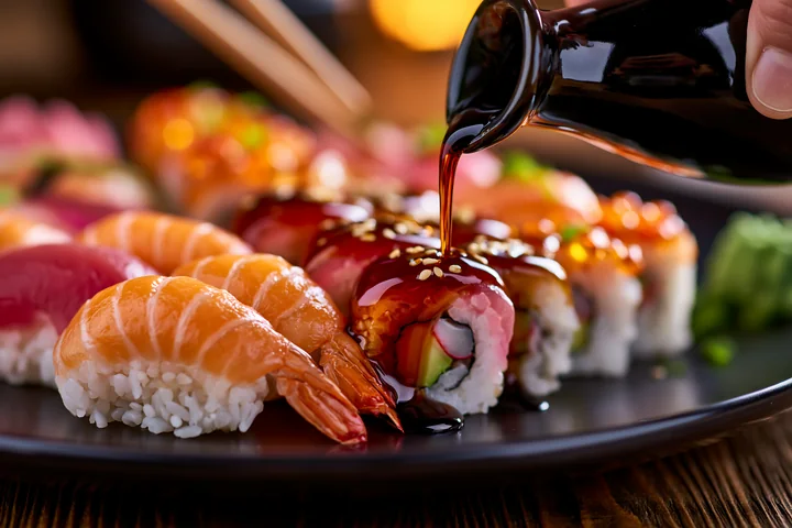 A variety of sushi is arranged on a dark moody table.