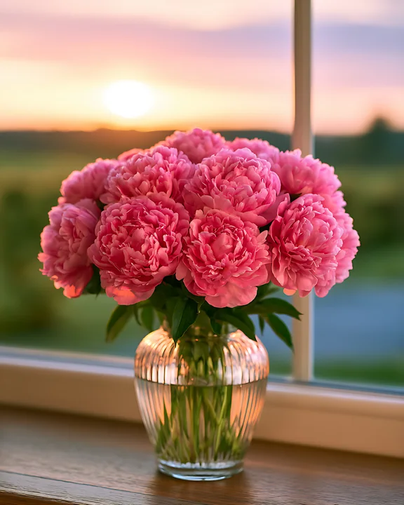 A vase filled with pink peonies sits on a wooden windowsill during sunset.