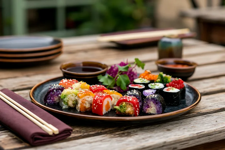 A vegan sushi platter is arranged on a wooden table.
