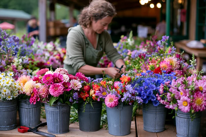 A vendor arranges mixed seasonal flowers at a farmers market.