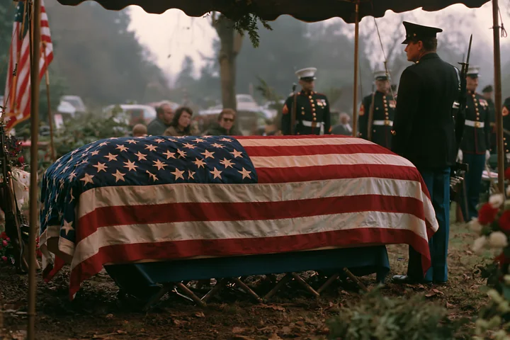 A veteran funeral service features a flag-draped coffin under a tent with attendees mourning.