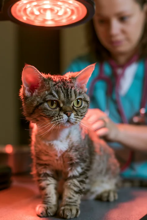 A veterinarian examines a rare cat breed under a warm light in a veterinary clinic.
