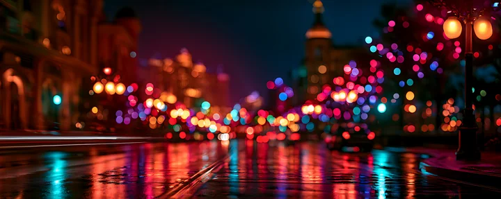 A vibrant city street is filled with colorful lights at night, creating reflections on the wet pavement.