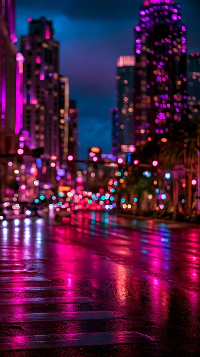 A vibrant city street is illuminated by colorful lights after rain.
