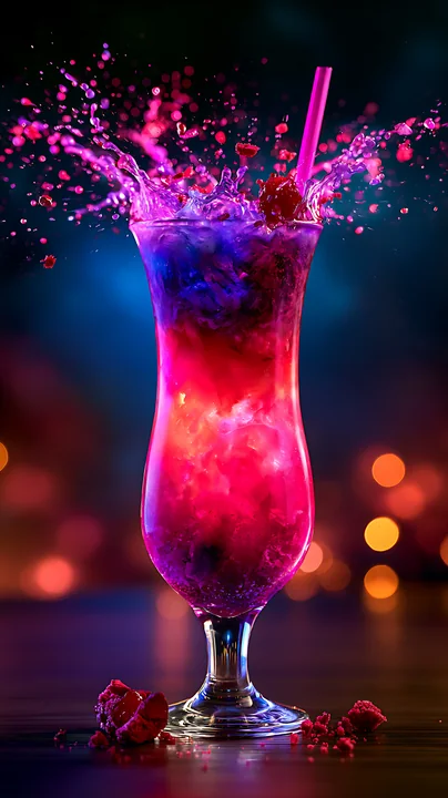 A vibrant cocktail is splashing in a glass, displaying bright colors against a dark backdrop, with soft lights in the background creating a festive atmosphere.