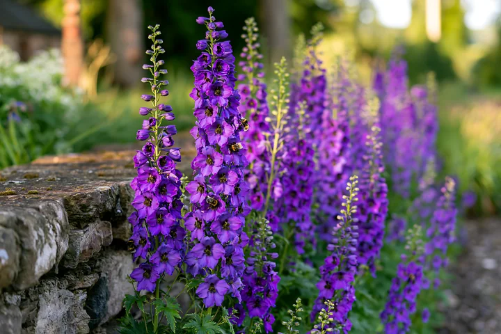 A vibrant delphinium flower border grows near a stone wall, showcasing tall purple blooms under soft daylight.