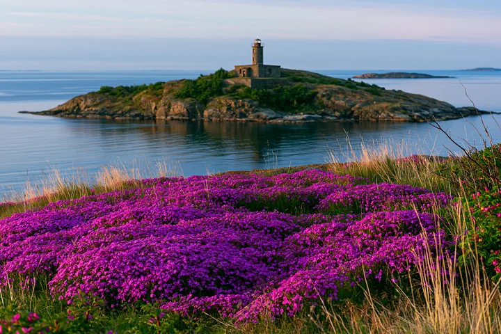 A vibrant field of purple flowers covers the foreground as a lighthouse stands on a rocky island in the background.
