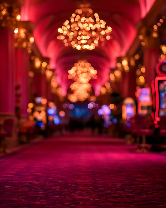 A vibrant hallway in a casino filled with bright chandeliers and colorful slot machines.