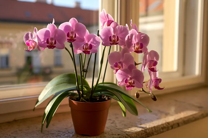 A vibrant orchid flower on windowsill displays pink blooms and green leaves in a sunlit room.