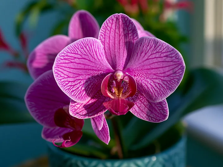 A vibrant purple orchid flower is displayed on a windowsill with sunlight streaming in, highlighting its intricate details.