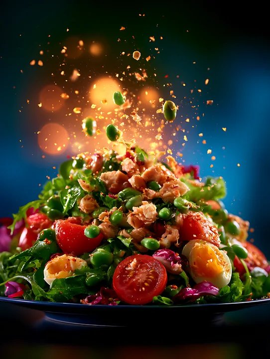 A vibrant salad features various greens, cherry tomatoes, and toppings like crushed nuts and seeds.