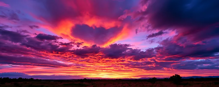 A vibrant sunset fills the sky with shades of orange, pink, and purple over open land.