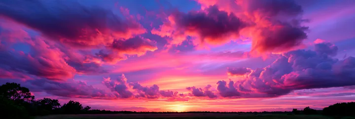 A vibrant sunset fills the sky with shades of pink and purple, while clouds scatter across the horizon.