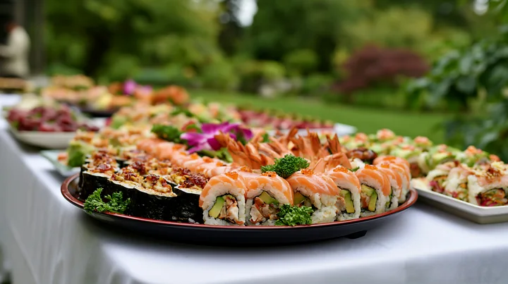 A vibrant sushi platter for catering event is presented outdoors on a table, showcasing an array of colorful sushi rolls, garnished with herbs and flowers, surr