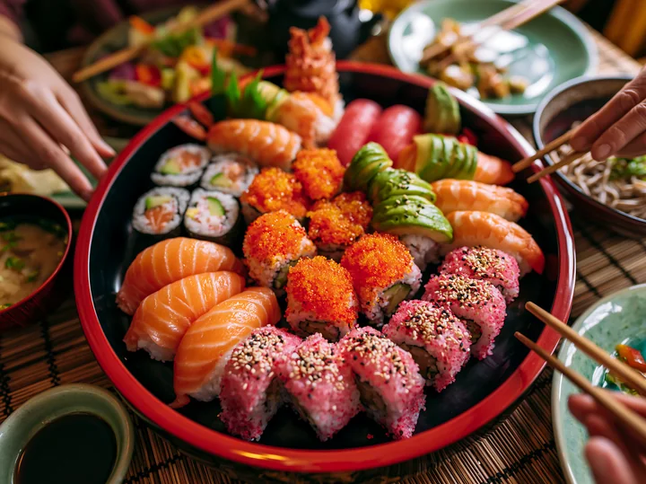 A vibrant sushi platter showcases an assortment of sushi rolls, including tobiko roe sushi platter, alongside colorful garnishes.