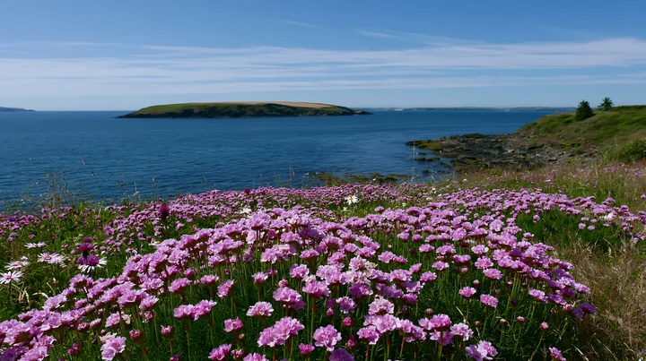 A view of a coastline covered in sea fog, showing vibrant flowers in the foreground and calm waters in the background.