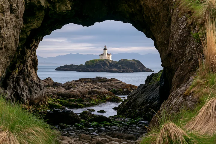 A view of a coastline through a sea cave reveals a lighthouse on a small island.