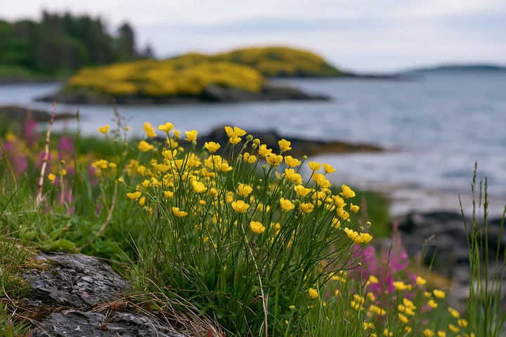 A view of yellow buttercups blooming along the shore, with a distant island covered with more buttercups visible.