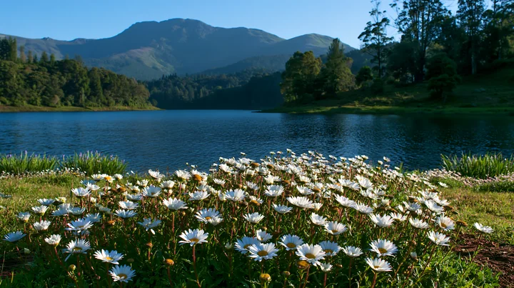 A view shows a field of flowers in front of a lake surrounded by mountains and trees.