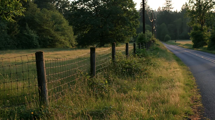 A view shows a meadow beside a rural road with a fence line.