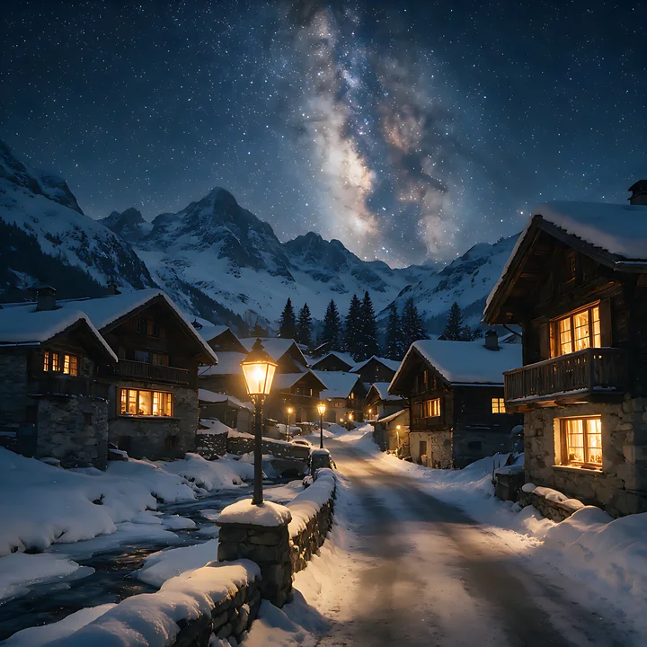 A village surrounded by mountains features wooden houses with lights glowing from windows.