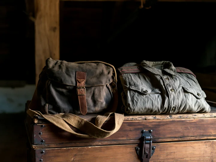A vintage trunk displays Soviet military uniforms and a bag in a dimly lit room.